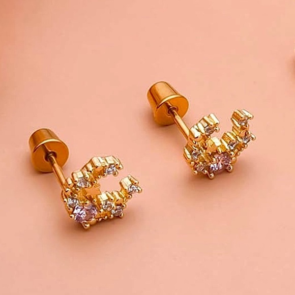 Gold Moon Stud Earrings w/ White and Purple Gems  Celestial Moon Earrings 🌝✨ - Picture 1 of 7